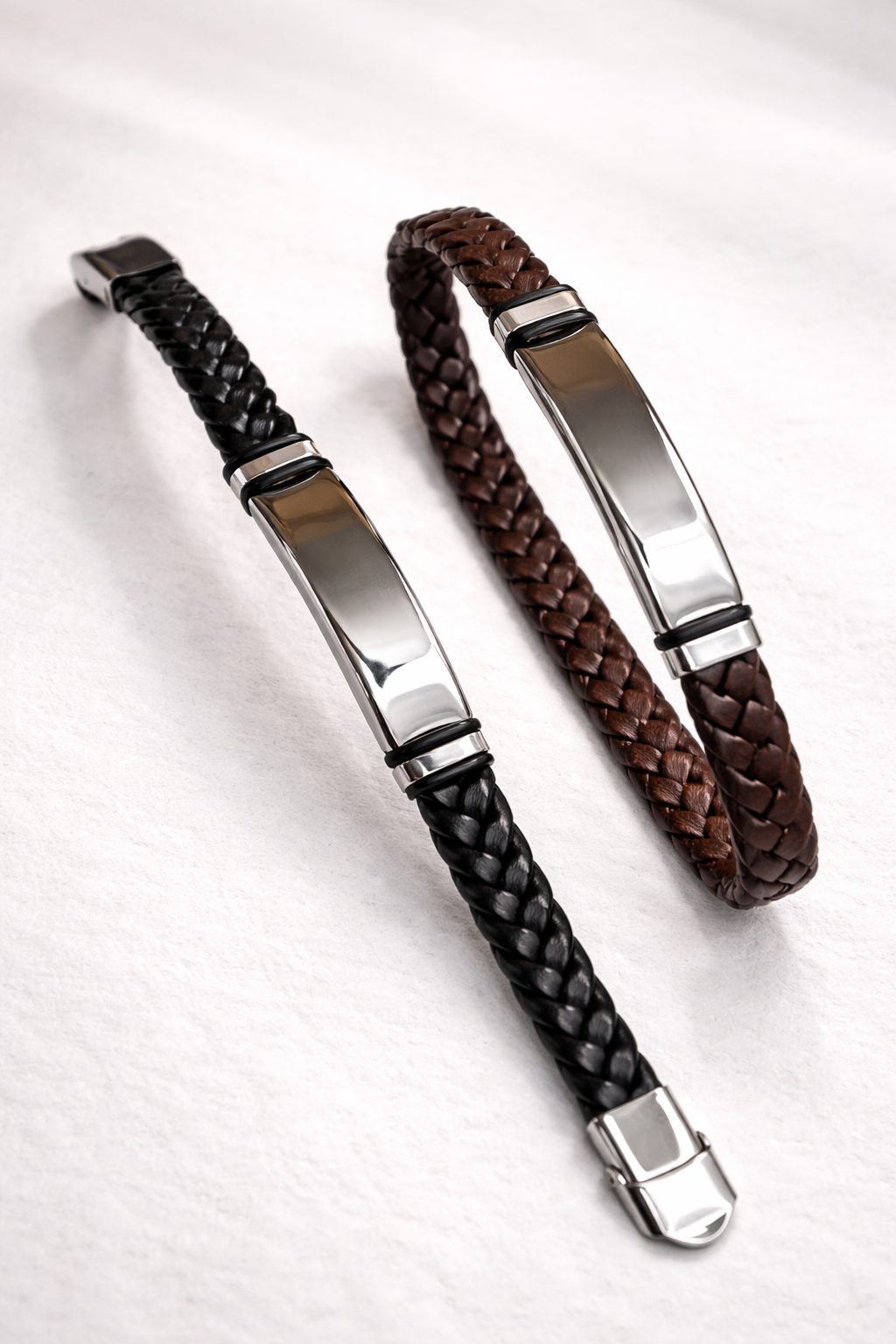 💎 Bracelet personnalisé L’Éclat – cuir tressé & acier inoxydable